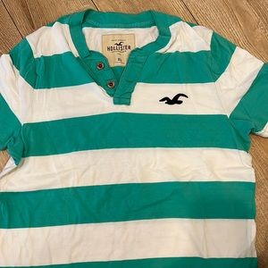 Hollister Short Sleeve Henley Shirt Mens XL Green Stripes Nautical Beach Cotton